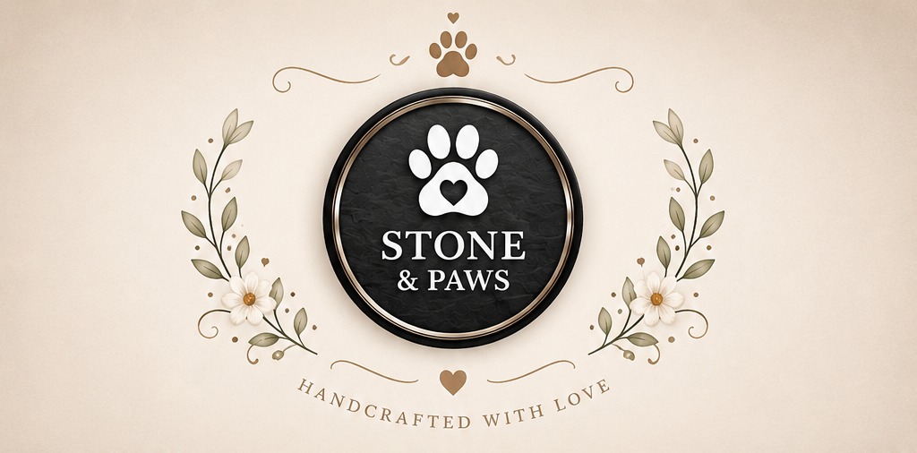 Stone and Paws logo with floral decoration and handcrafted with love