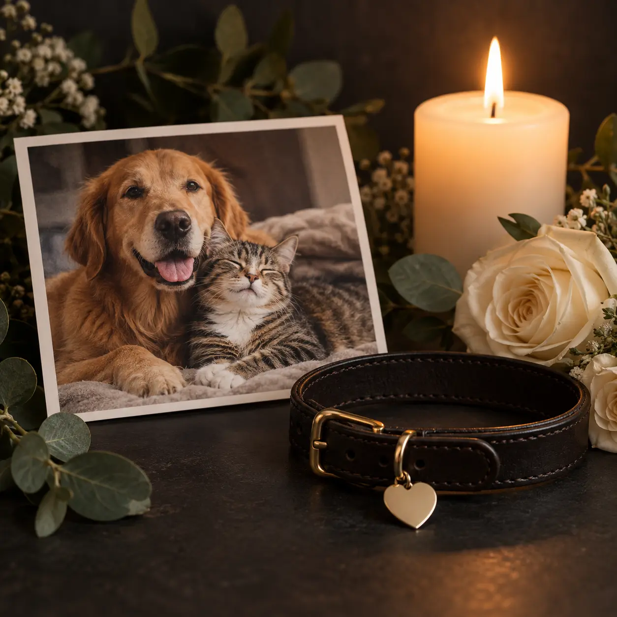 Photograph of a dog and cat with a pet collar, candle and flowers