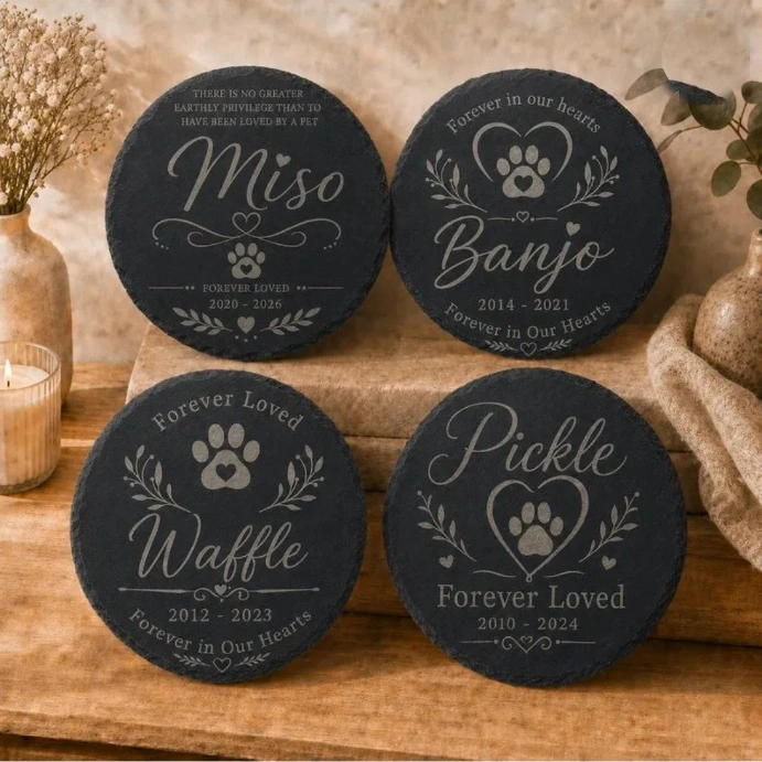 Selection of round personalised pet memorial slates