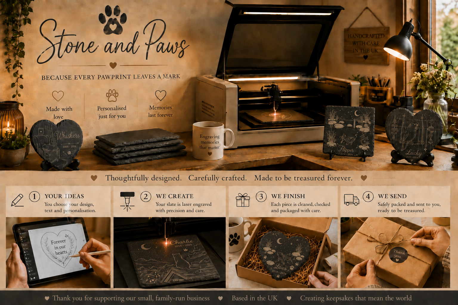 Stone and Paws design, engraving, finishing and packing process