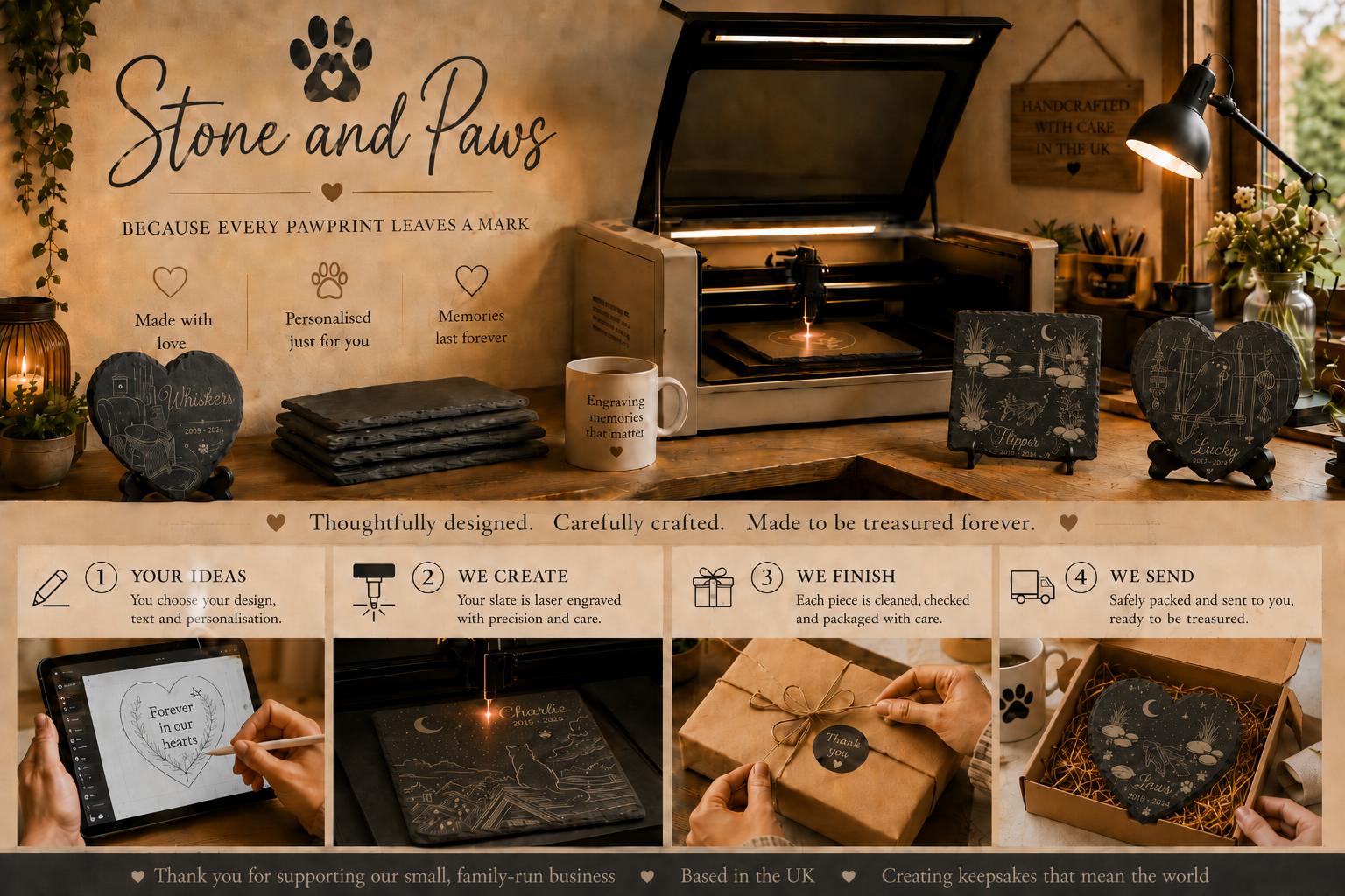 Stone and Paws design, engraving, finishing and packing process