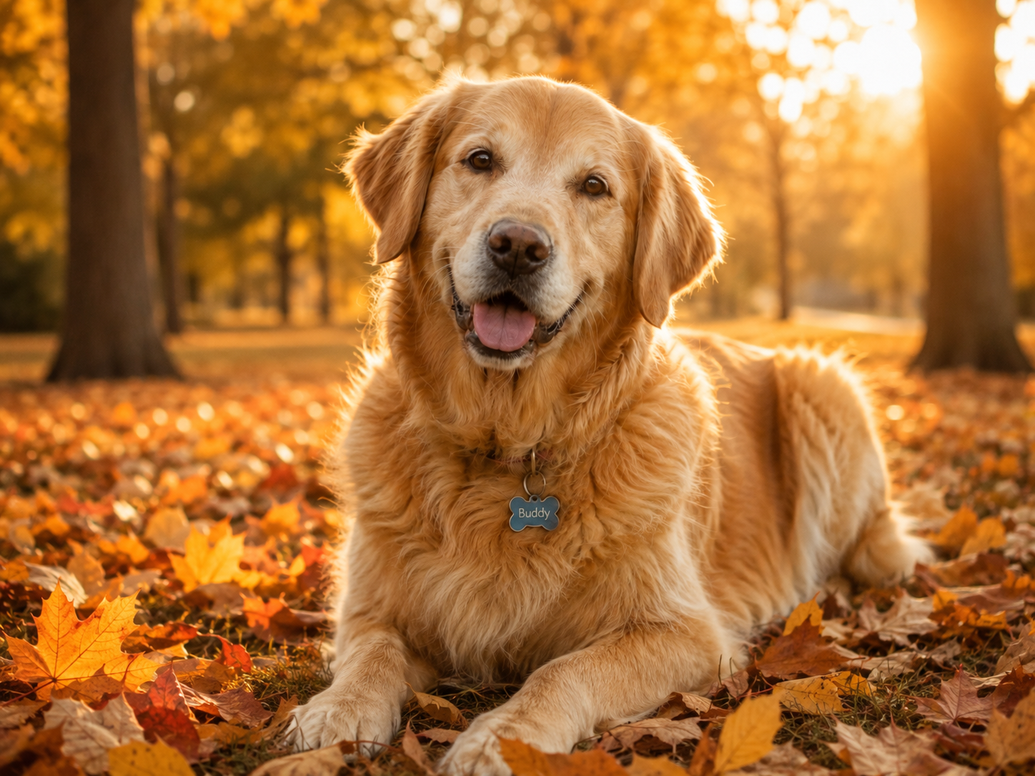 Buddy in autumn leaves