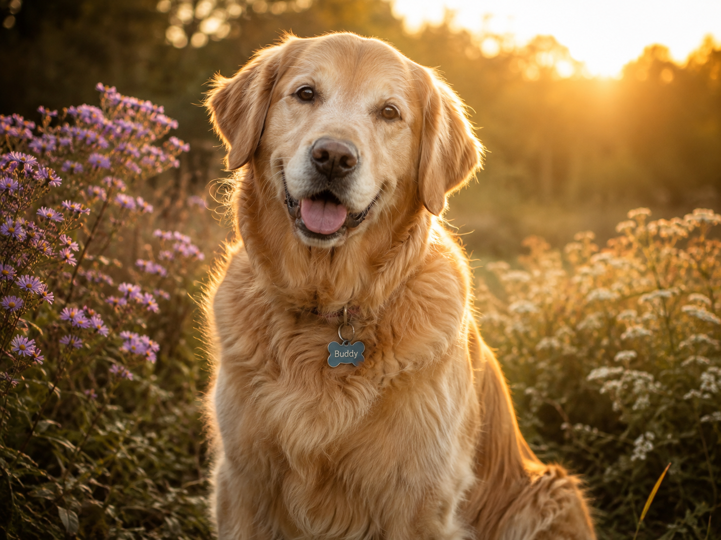 Buddy in a flower meadow at golden hour